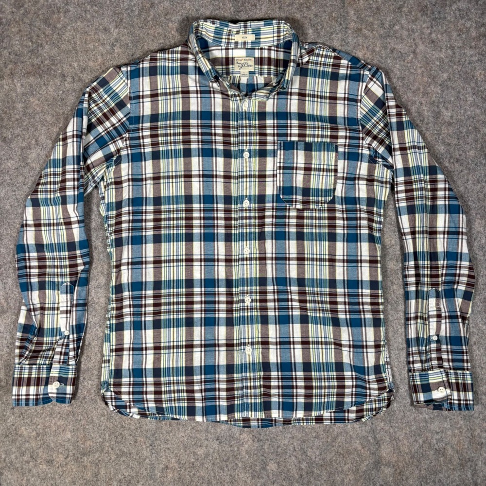 J.Crew Indian Madras Shirt Mens L Slim Blue Brown Plaid Button Up Long Sleeve